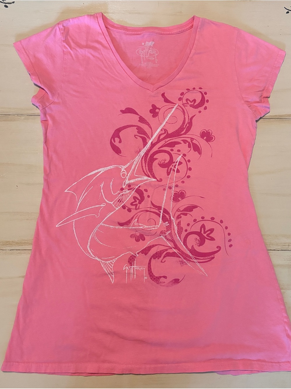 Guy Harvey Pink V-Neck Graphic Tee with Marlin Print